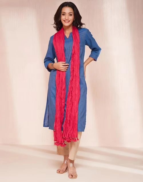 Avni Blue Cotton Blend Regular Fit Kurta & Dupatta Set