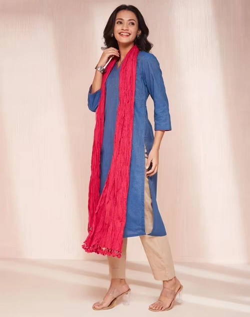 Avni Blue Cotton Blend Regular Fit Kurta & Dupatta Set