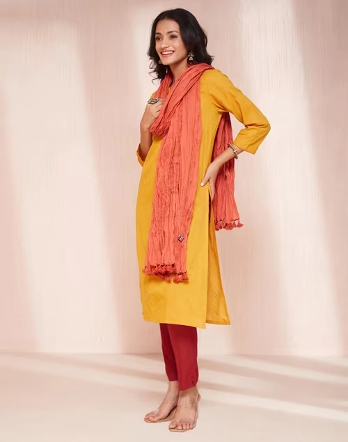 Avni Mustard Cotton Blend Regular Fit Kurta & Dupatta Set