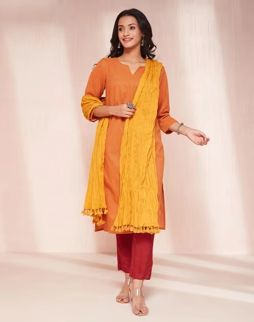Avni Orange Cotton Blend Regular Fit Kurta & Dupatta Set