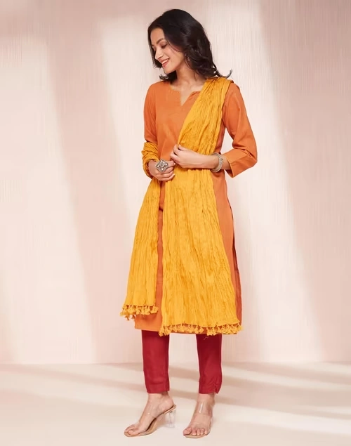 Avni Orange Cotton Blend Regular Fit Kurta & Dupatta Set