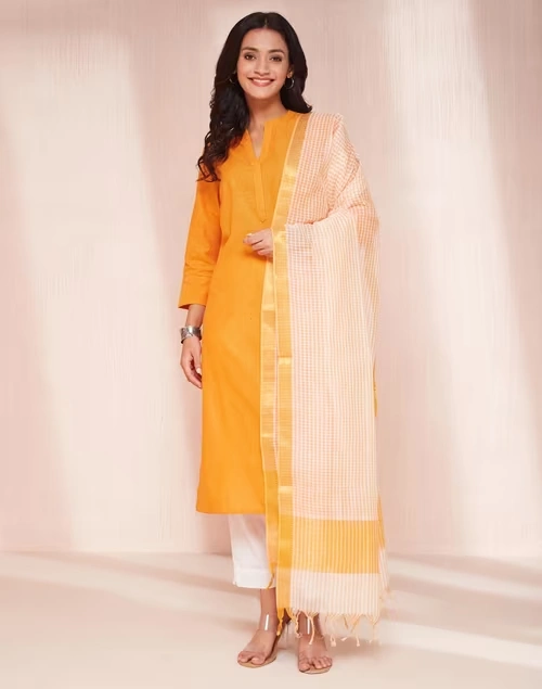 Avni Orange Cotton Regular Fit Kurta & Dupatta Set