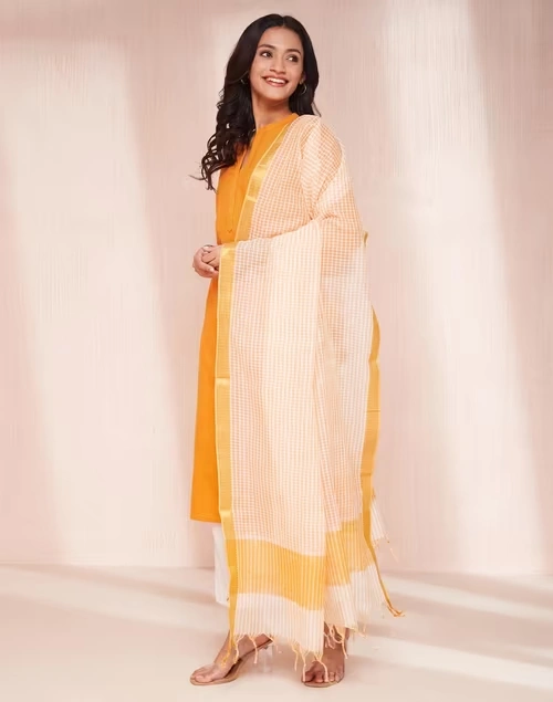 Avni Orange Cotton Regular Fit Kurta & Dupatta Set
