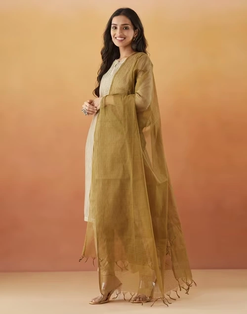 Avni Beige Cotton Slim Fit Kurta & Dupatta