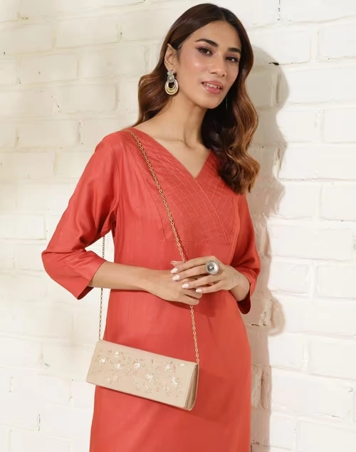 Beige Hand Embroidered Clutch