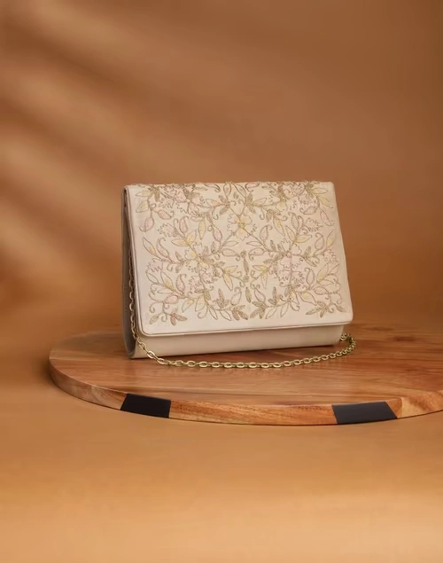 Beige Hand Embroidered Clutch