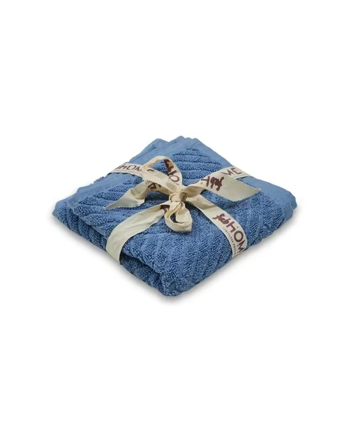 Blue Cotton Woven Face Towel Set Of 2