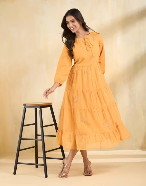 Orange Cotton Silk Embroidered Maxi