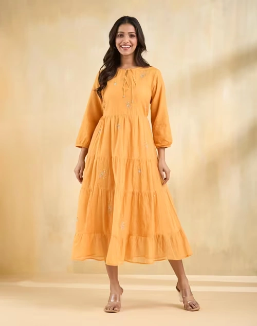 Orange Cotton Silk Embroidered Maxi