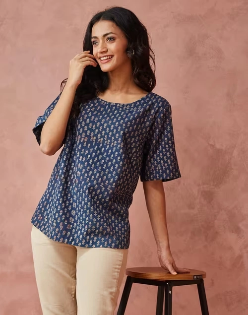 Blue Cotton Dabu Printed Arcadian Top