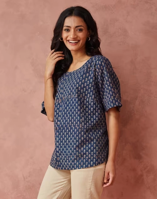Blue Cotton Dabu Printed Arcadian Top 3 Blue Cotton Dabu Printed Arcadian Top