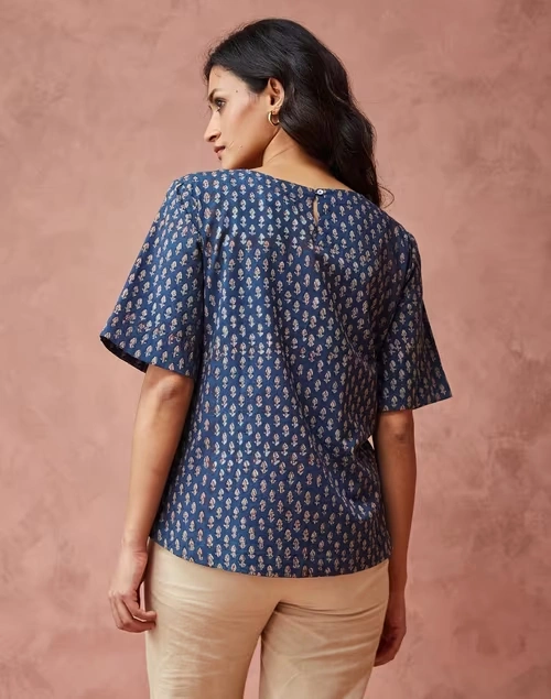 Blue Cotton Dabu Printed Arcadian Top 4 Blue Cotton Dabu Printed Arcadian Top