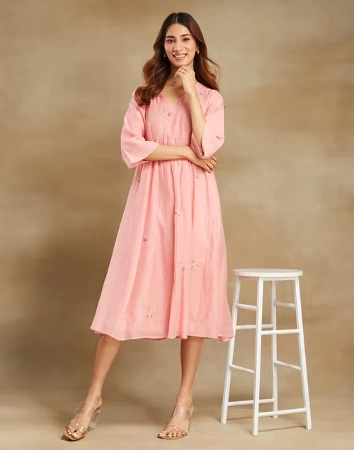 Pink Cotton Silk Midi Dress