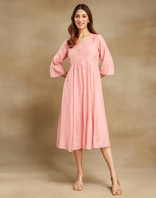 Pink Cotton Silk Midi Dress