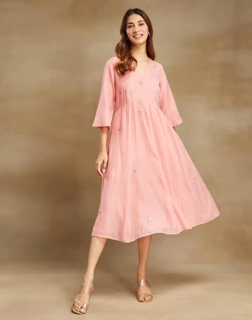 Pink Cotton Silk Midi Dress 3 Pink Cotton Silk Midi Dress