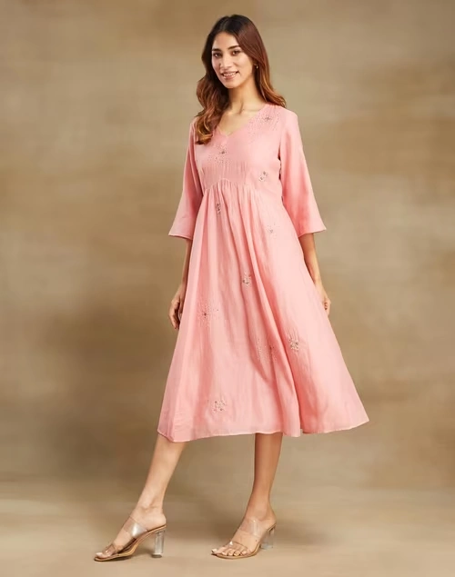 Pink Cotton Silk Midi Dress 4 Pink Cotton Silk Midi Dress