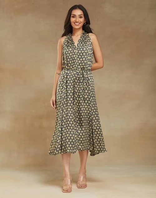 Blue Rayon Blend Ajrakh Printed Short Dress