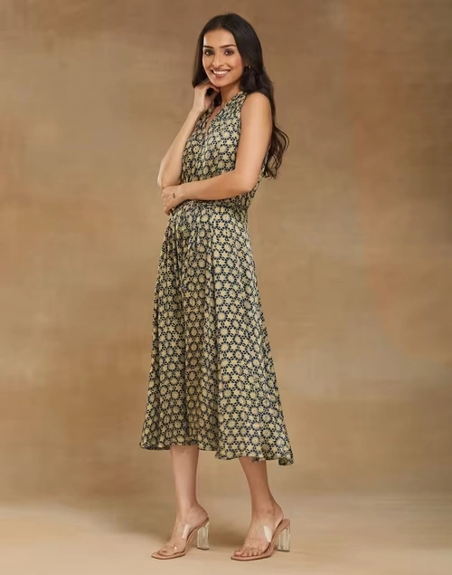 Blue Rayon Blend Ajrakh Printed Short Dress 3 Blue Rayon Blend Ajrakh Printed Short Dress