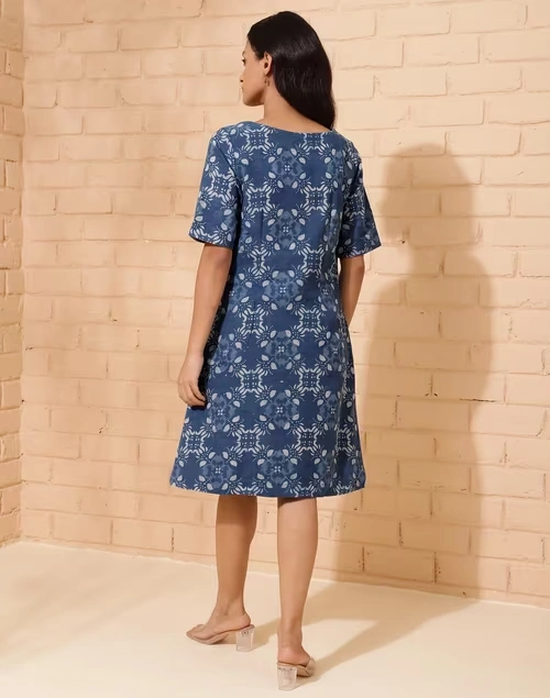 Indigo Cotton Linen Printed Short Dress 4 Indigo Cotton Linen Printed Short Dress