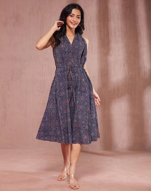 Blue Cotton Ajrakh Printed Midi Dress