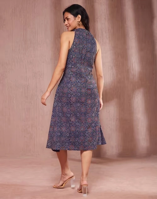 Blue Cotton Ajrakh Printed Midi Dress 4 Blue Cotton Ajrakh Printed Midi Dress