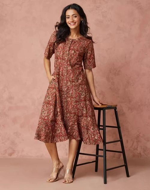 Orange Cotton Kalamkari Printed Peony Ruffle Midi Dress