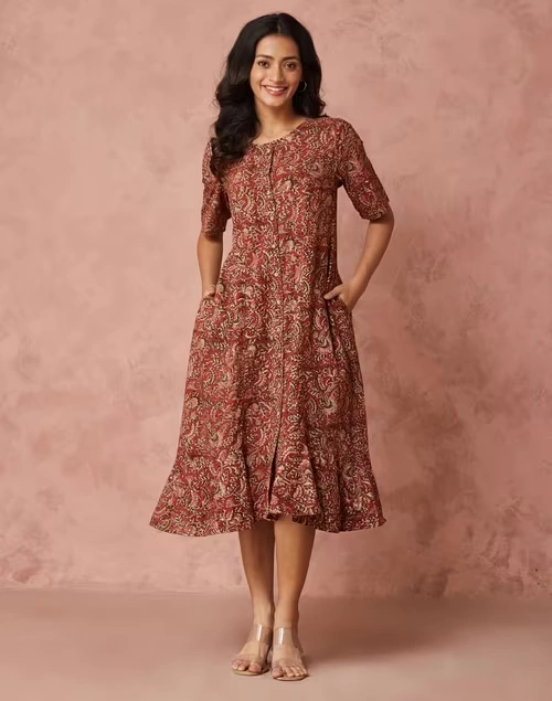 Orange Cotton Kalamkari Printed Peony Ruffle Midi Dress