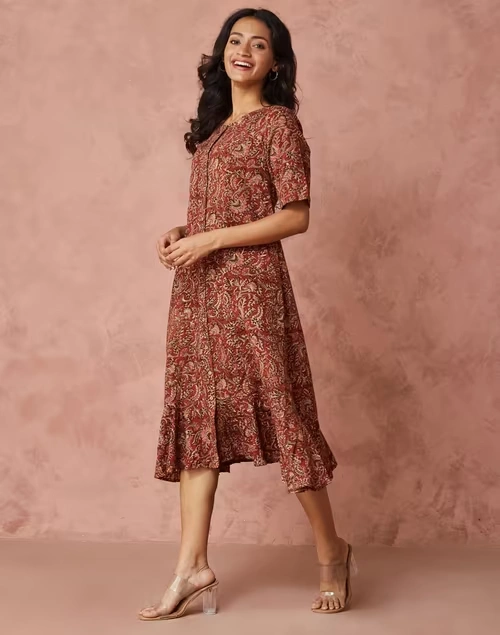Orange Cotton Kalamkari Printed Peony Ruffle Midi Dress