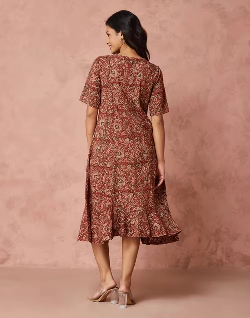 Orange Cotton Kalamkari Printed Peony Ruffle Midi Dress