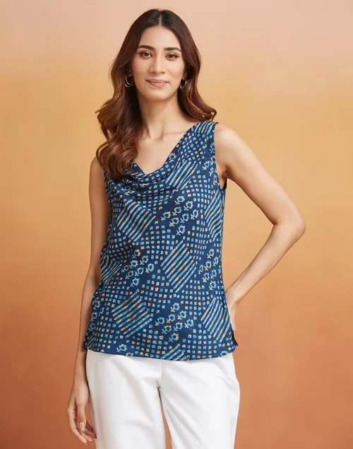 Blue Rayon Blend Printed Top