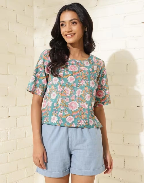 Blue Cotton Printed Short Top