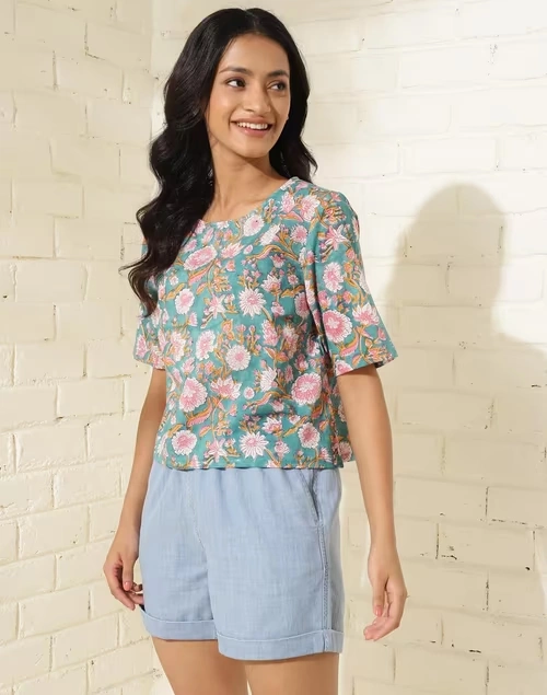 Blue Cotton Printed Short Top 3 Blue Cotton Printed Short Top