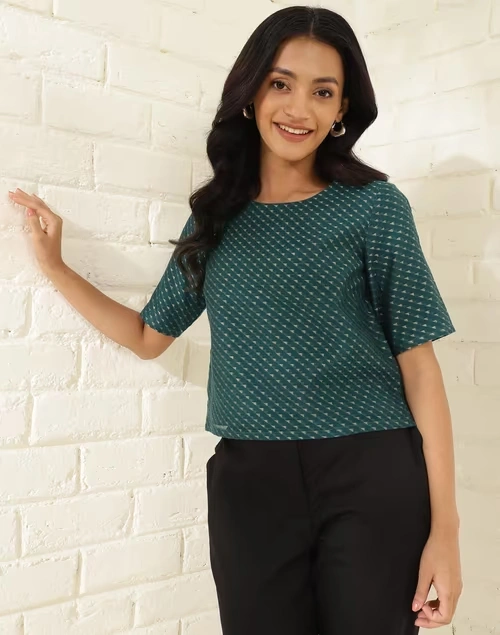 Blue Cotton Silk Blend Printed Short Top