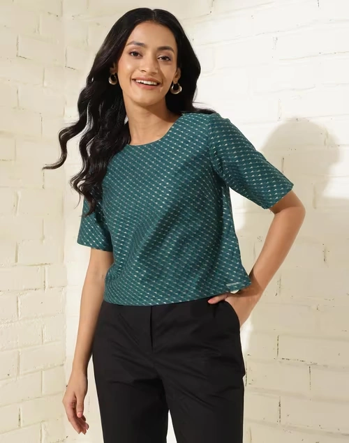 Blue Cotton Silk Blend Printed Short Top