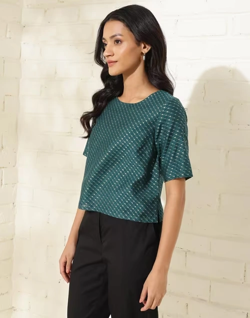 Blue Cotton Silk Blend Printed Short Top