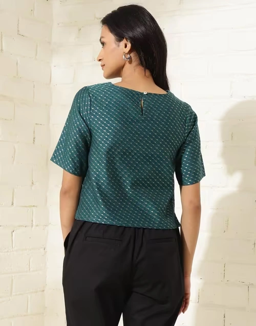 Blue Cotton Silk Blend Printed Short Top