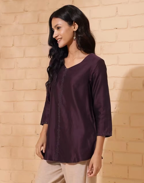 Brown Cotton Silk Woven Tunic