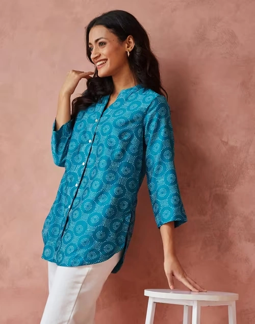 Blue Cotton Silk Printed Tunic