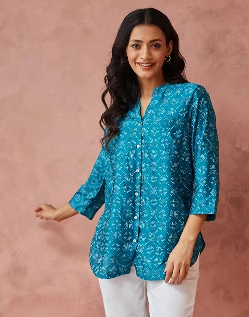 Blue Cotton Silk Printed Tunic
