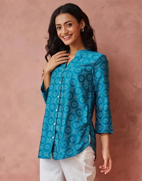 Blue Cotton Silk Printed Tunic