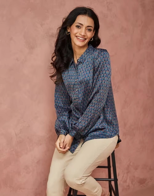 Blue Rayon Blend Ajrakh Printed Allure Shirt