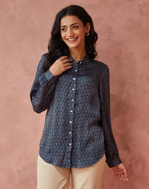 Blue Rayon Blend Ajrakh Printed Allure Shirt