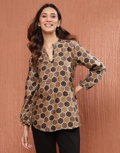 Black Cotton Silk Ajrakh Printed Tunic