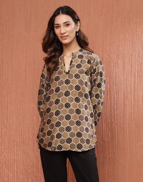 Black Cotton Silk Ajrakh Printed Tunic