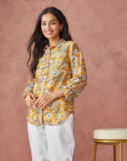 Orange Cotton Silk Printed Shirt