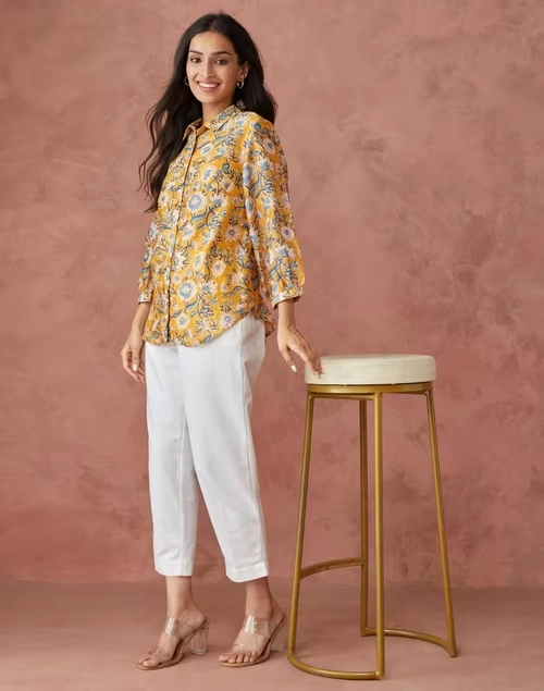 Orange Cotton Silk Printed Shirt