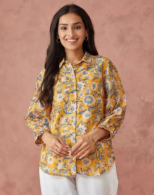 Orange Cotton Silk Printed Shirt