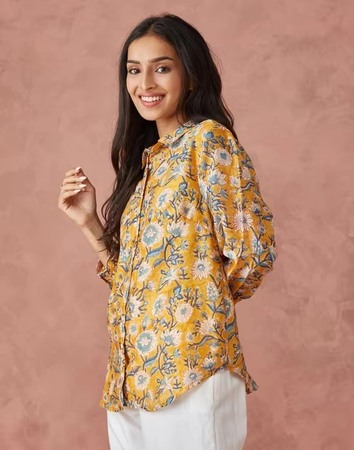 Orange Cotton Silk Printed Shirt