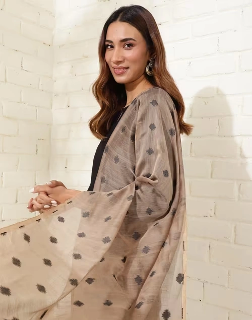 Beige Cotton Silk Blend Woven Dupatta