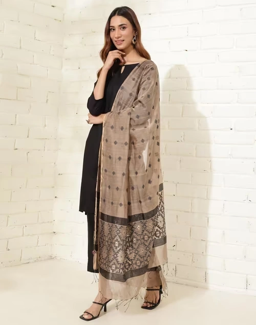Beige Cotton Silk Blend Woven Dupatta